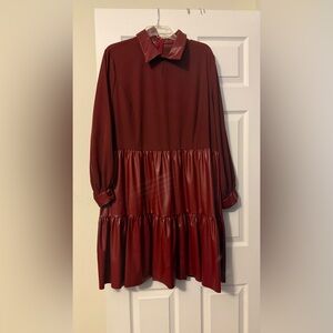 Pre-Owned Burgundy Emery Rose Contrast Collar Ruffle Hem Leather Dress